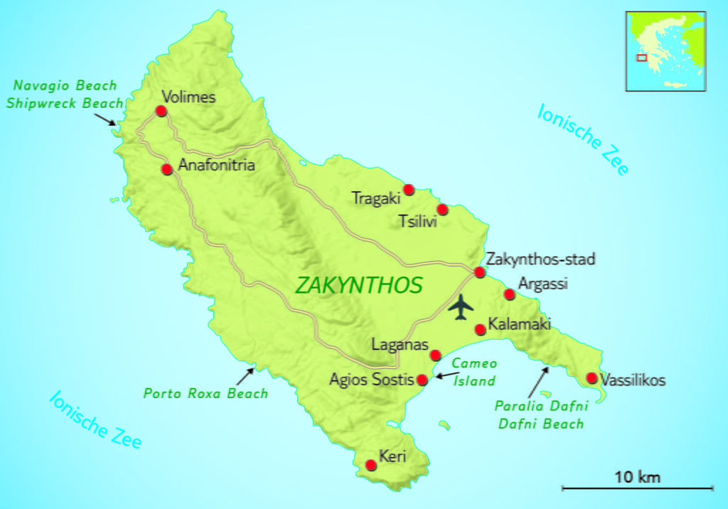 Kaart stranden van Zakynthos